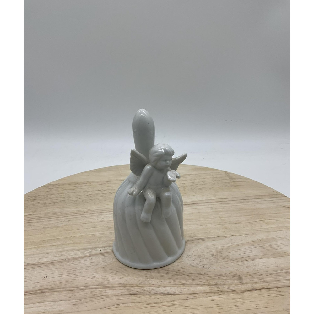 White Ceramic Angel Bell Figurine Cherub Sitting On‎ Bell Decorative Collectible